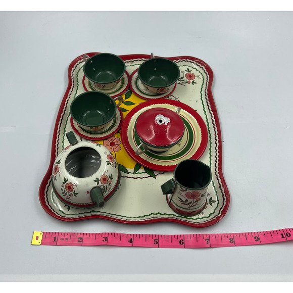 Antique 1930's Tin Ohio Art Co. Bryan Ohio Tea Set 14 Pieces Floral Pattern USA - Picture 3 of 11